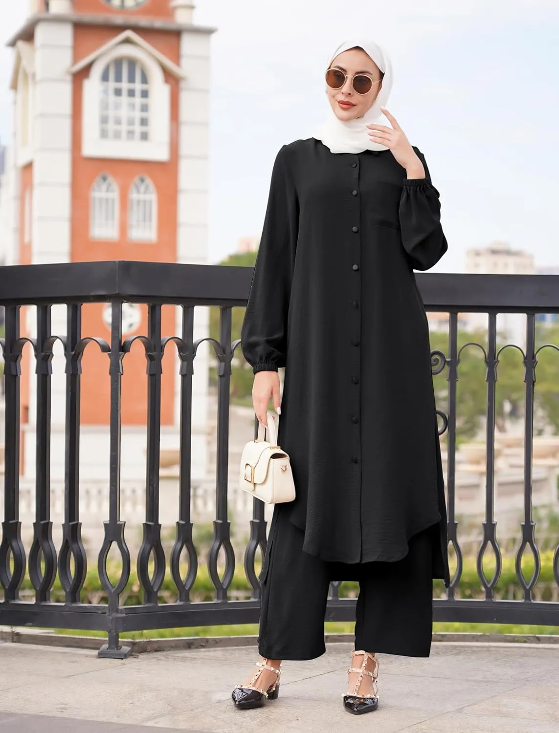 Women's Muslim 2 Pieces Sets Long Sleeve Button Down Shirt and Pants Abaya Casual Dress Dubai Outfits