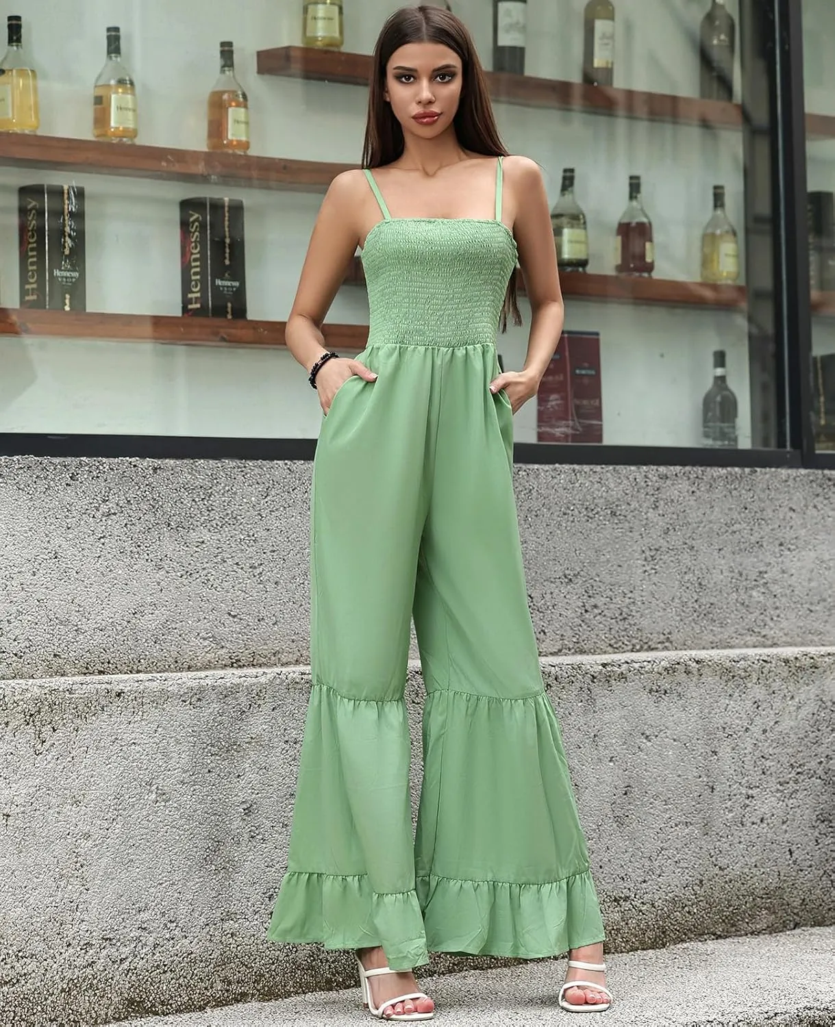 Women's Summer Casual Jumpsuits One Piece Sleeveless Smocked Rompers Loose High Waist Wide Leg Jumpers with Pocket