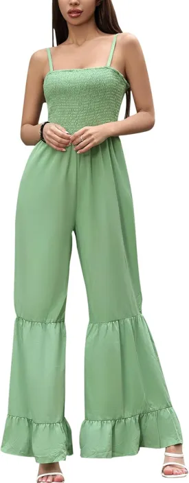 Women's Summer Casual Jumpsuits One Piece Sleeveless Smocked Rompers Loose High Waist Wide Leg Jumpers with Pocket