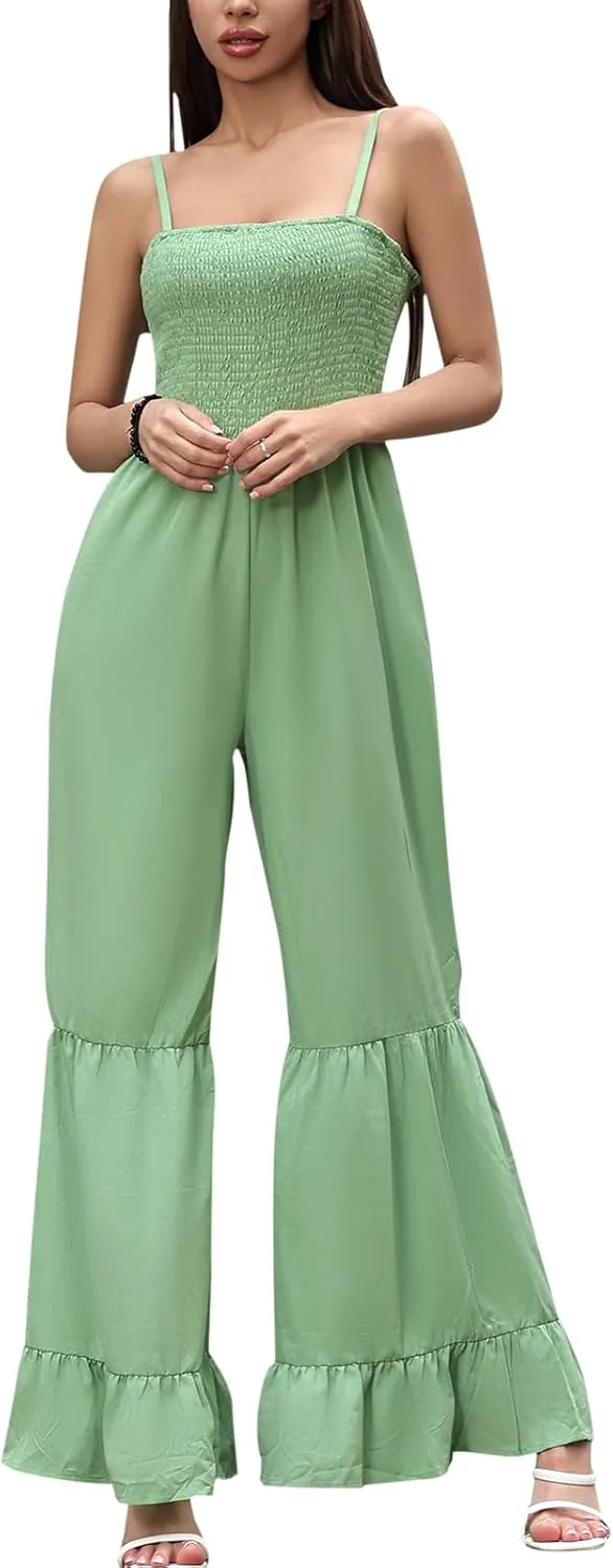 Women's Summer Casual Jumpsuits One Piece Sleeveless Smocked Rompers Loose High Waist Wide Leg Jumpers with Pocket