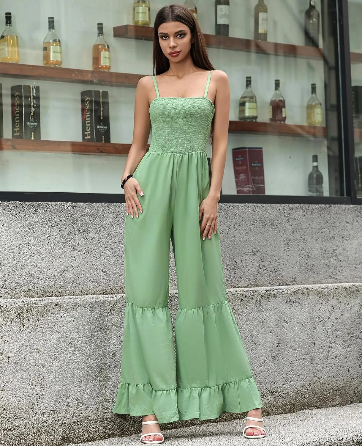 Women's Summer Casual Jumpsuits One Piece Sleeveless Smocked Rompers Loose High Waist Wide Leg Jumpers with Pocket