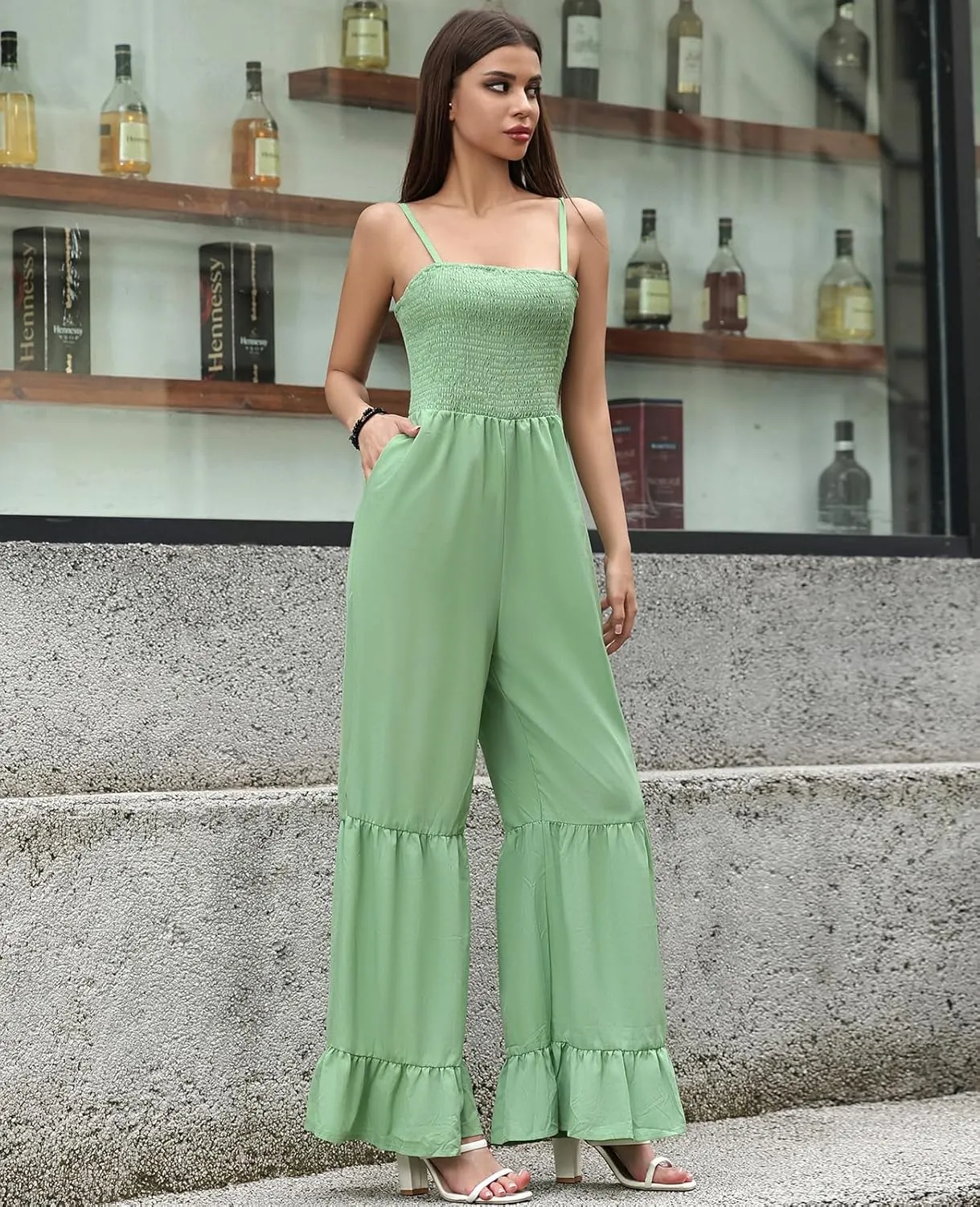 Women's Summer Casual Jumpsuits One Piece Sleeveless Smocked Rompers Loose High Waist Wide Leg Jumpers with Pocket
